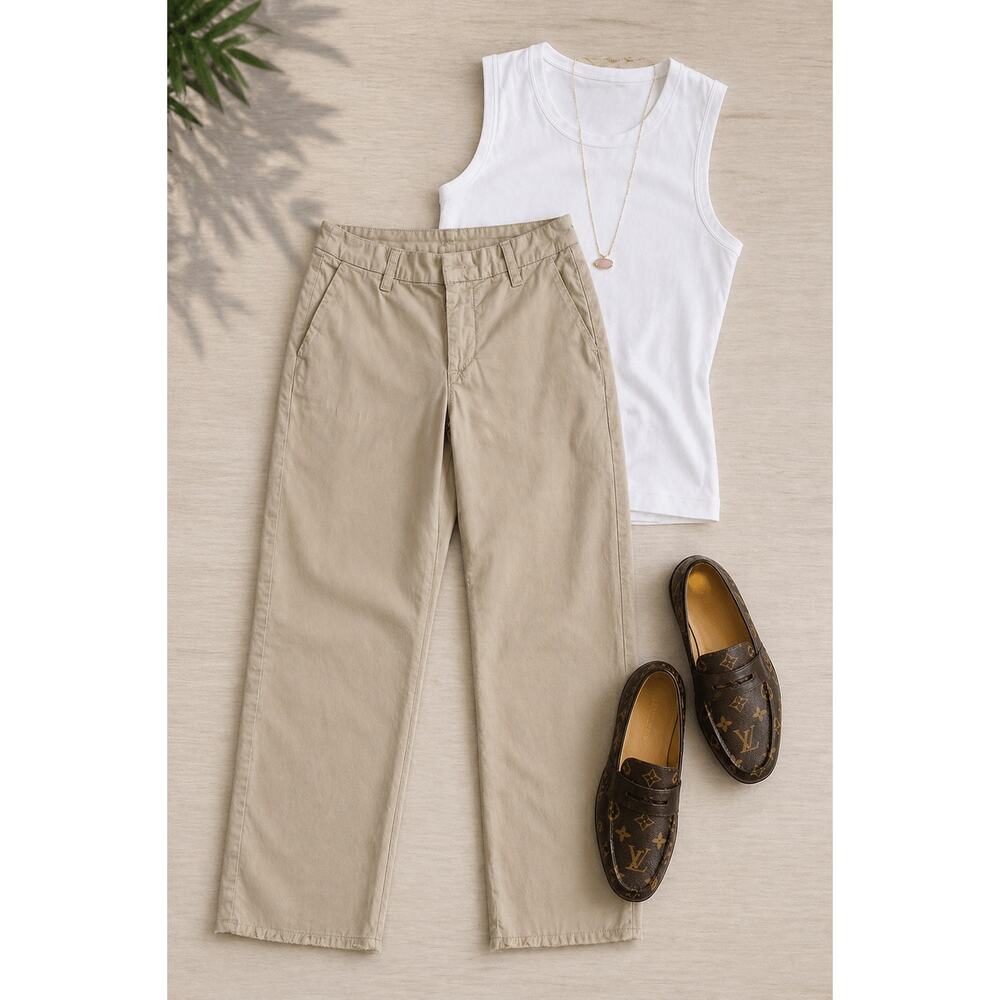 Frank & Eileen Khaki Cropped Pants Sz 10 Frayed Hem Relaxed Straight Leg